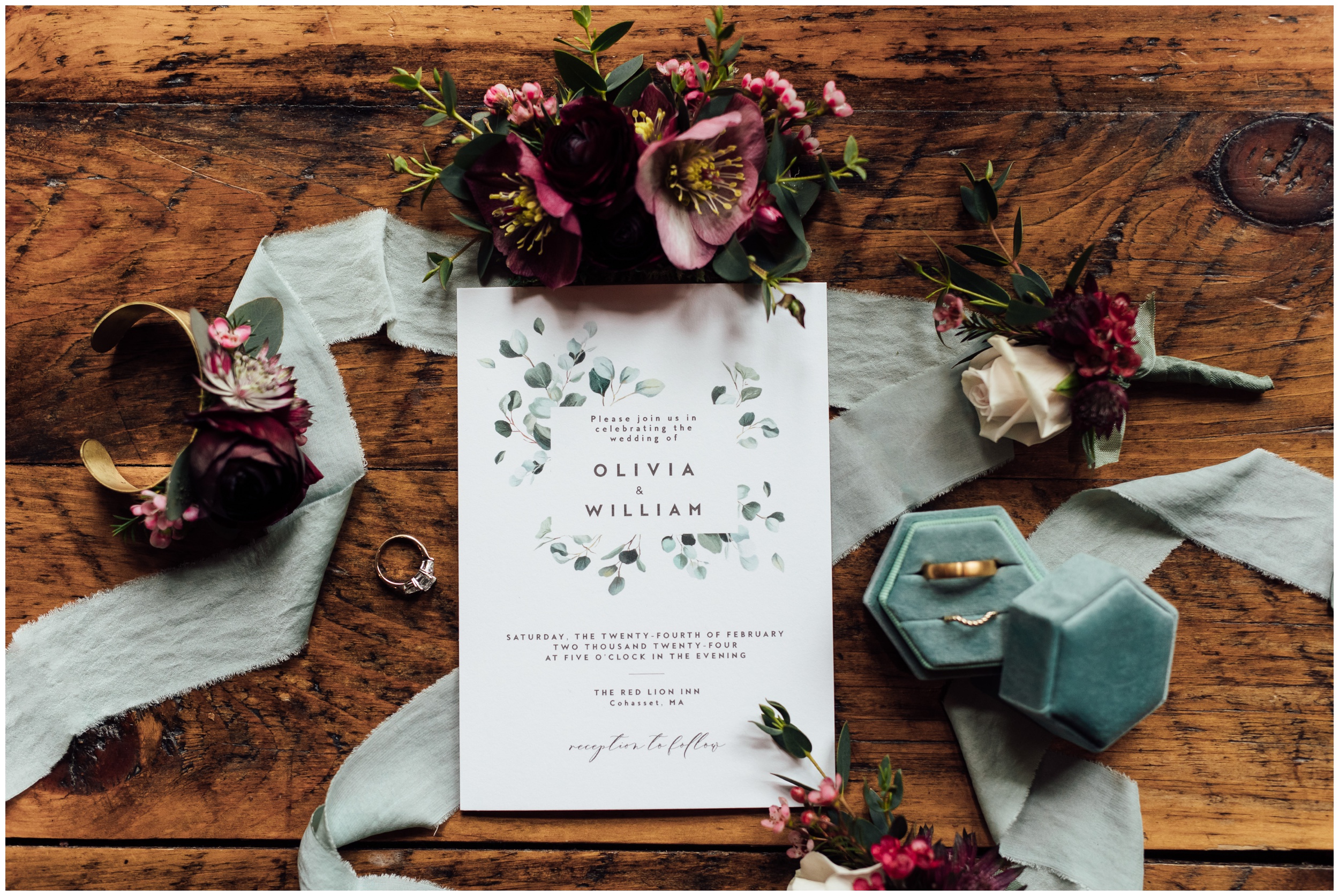 Winter wedding invitation and rings detail at Red Lion Inn in Cohasset MA